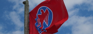 Rote Falkenfahne an Fahnenmast vor blauem Himmel